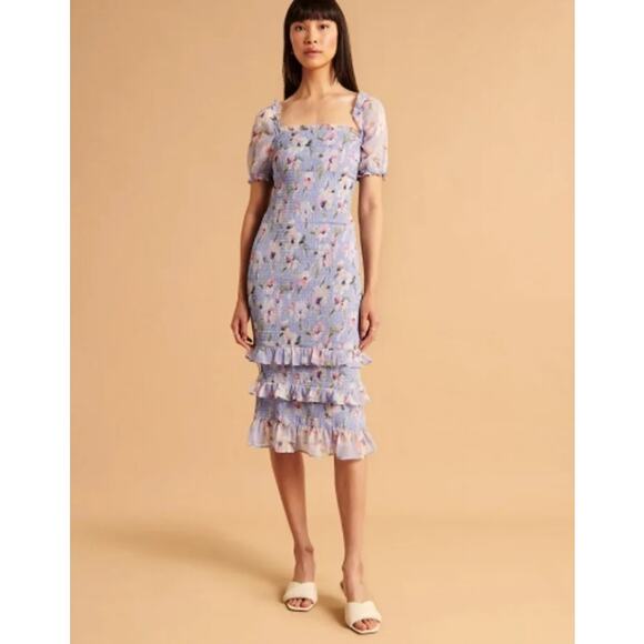 Abercrombie & Fitch Dresses & Skirts - XL Abercrombie & Fitch Ruffle Bodycon Midi Dress Ruched Feminine Floral Coquette